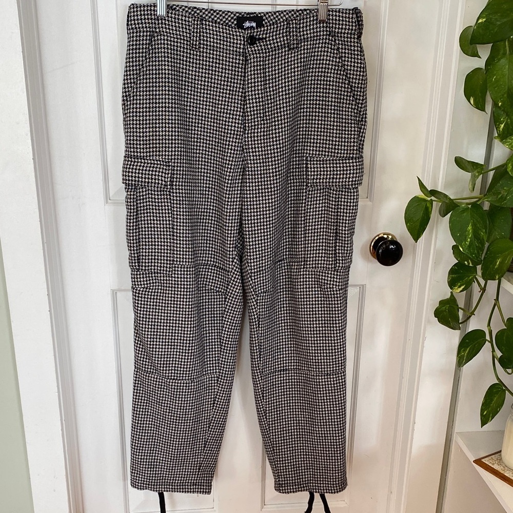 Stussy Black and White houndstooth Checkered Cargo Pants Barrel skater street - Picture 2 of 16